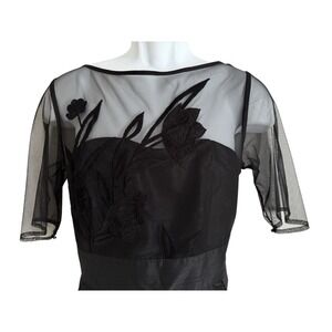 Taffeta Dress L 12 Leafy Vine Embroidered Tulle Overlay Dupioni‎ Black Midi